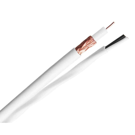 An RG59 siamese coaxial cable with white jacket and 18 awg two wire power cable.