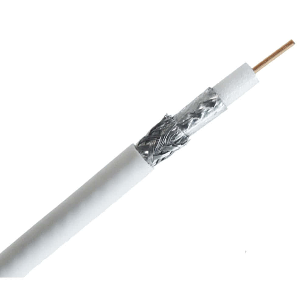 An 18 AWG RG6 coaxial cable with white jacket and dual shielding.