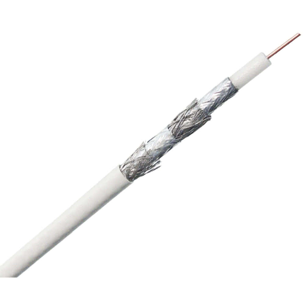 An 18 AWG RG6 coaxial cable with white jacket and quad shielding.