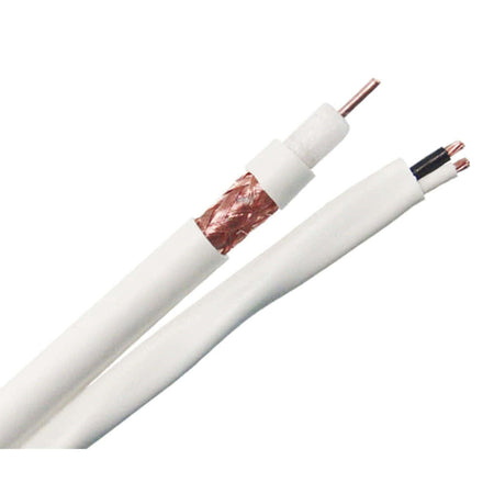An 18 AWG RG6 siamese coaxial cable with white jacket and dual power cable.