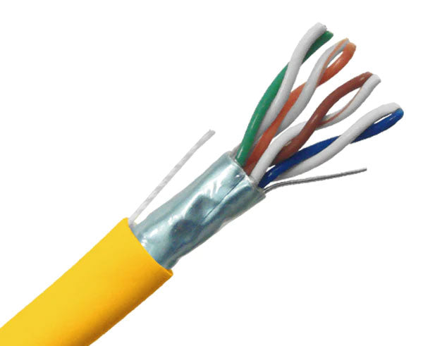 Shielded CAT5E plenum bulk ethernet cable with yellow jacket.