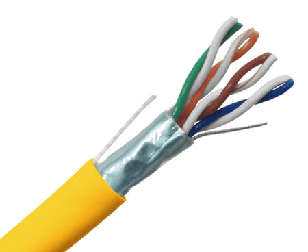 Shielded CAT5E plenum bulk ethernet cable with yellow jacket.
