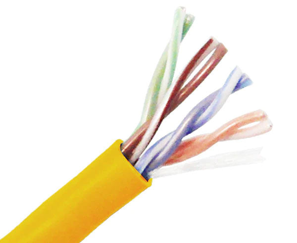 CAT5E CM rated stranded bulk ethernet cable with yellow jacket.