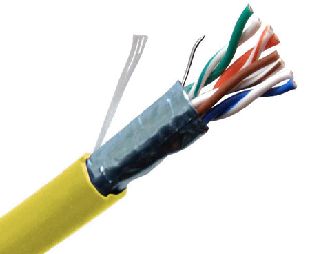 CAT5E CM rated shielded bulk ethernet cable with yellow jacket.