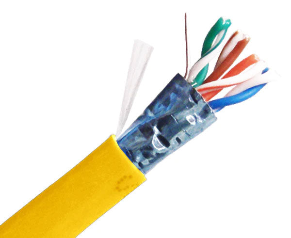 Shielded CAT5E riser rated bulk ethernet cable with yellow jacket.