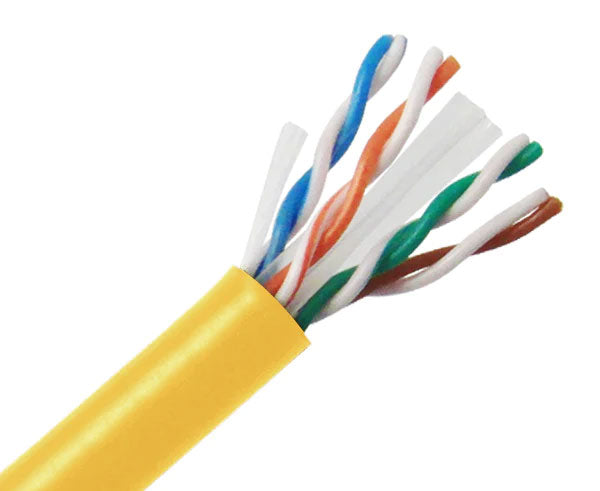 CAT6 23 AWG riser rated bulk ethernet cable with yellow jacket.
