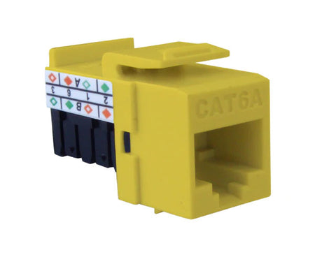 Yellow cat6a high-density unshielded rj45 keystone jack with 90-degree contacts.